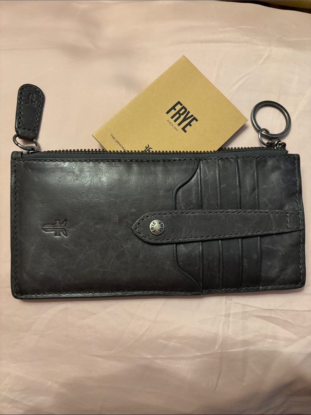 Frye Melissa Grey Leather Zip Card Wallet with Snap Straps